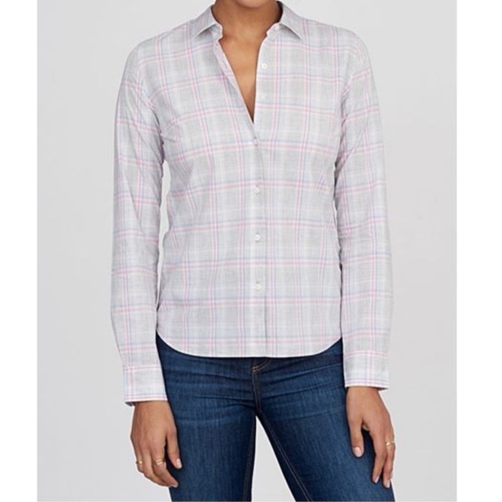 UNTUCKIT NWT Chasseles Gray Pink Blue Plaid Button Down Top‎ 100% Cotton Size 2